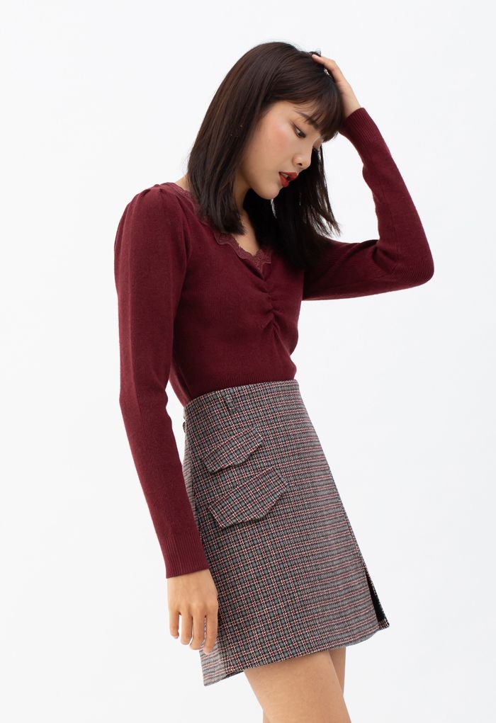 Flap Pocket Houndstooth Check Wool-Blend Mini Skirt