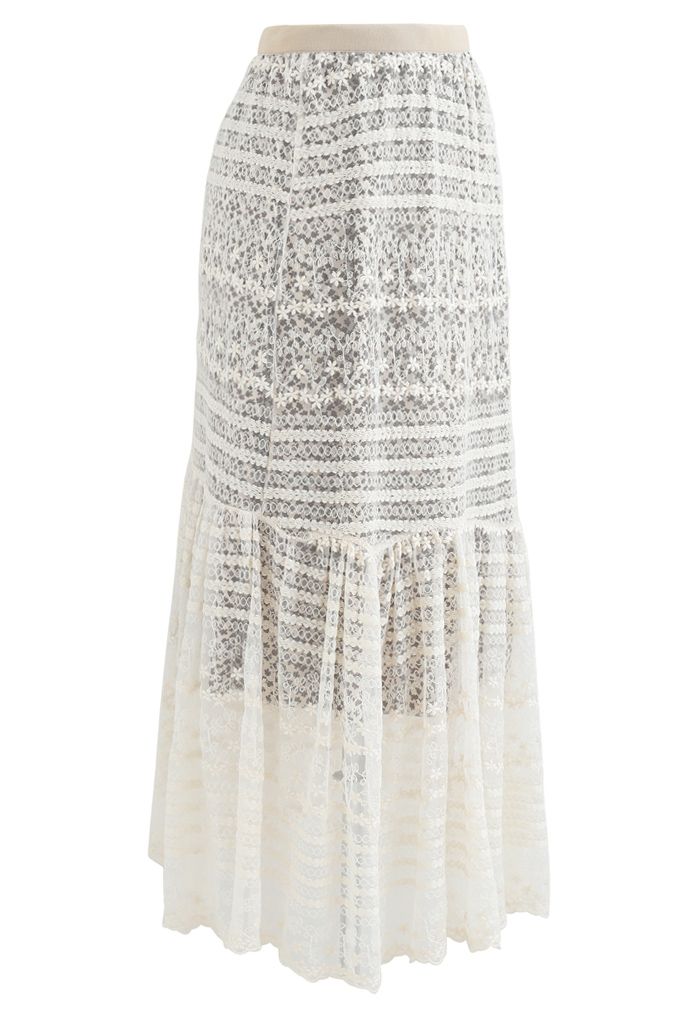 Floret Embroidered Lace Overlay Maxi Skirt in Cream