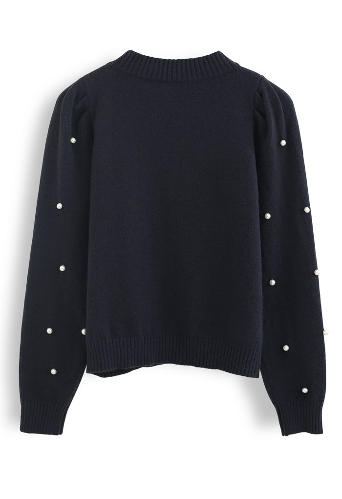 Pearl Trim Sleeves Ribbed Knit Sweater in Smoke