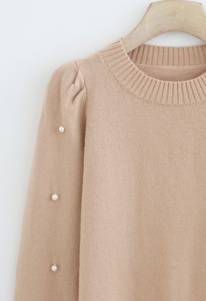 Pearl Trim Sleeves Ribbed Knit Sweater in Light Tan