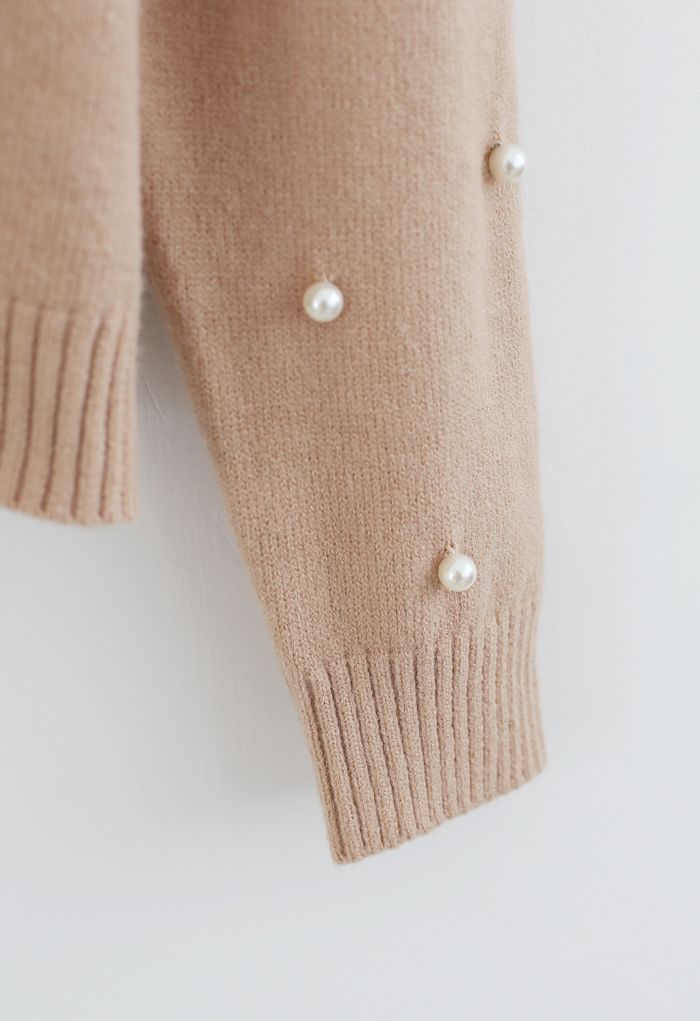 Pearl Trim Sleeves Ribbed Knit Sweater in Light Tan