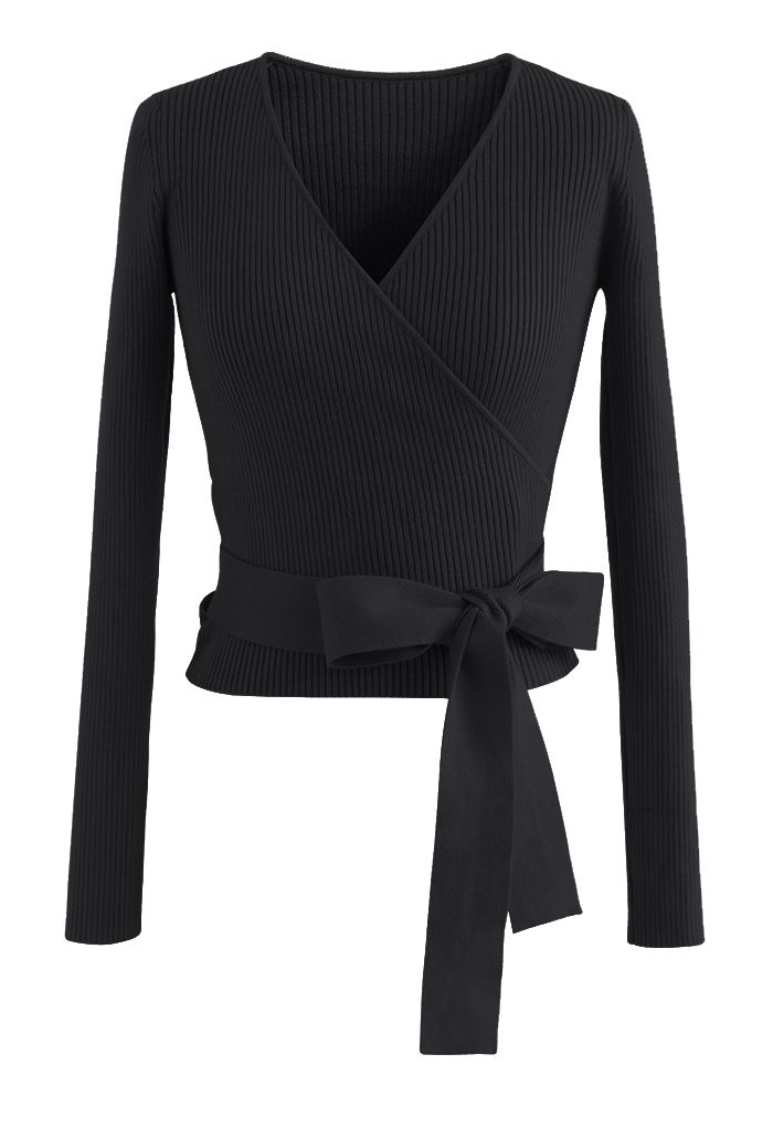 V-Neck Tie-Waist Wrap Knit Top in Black