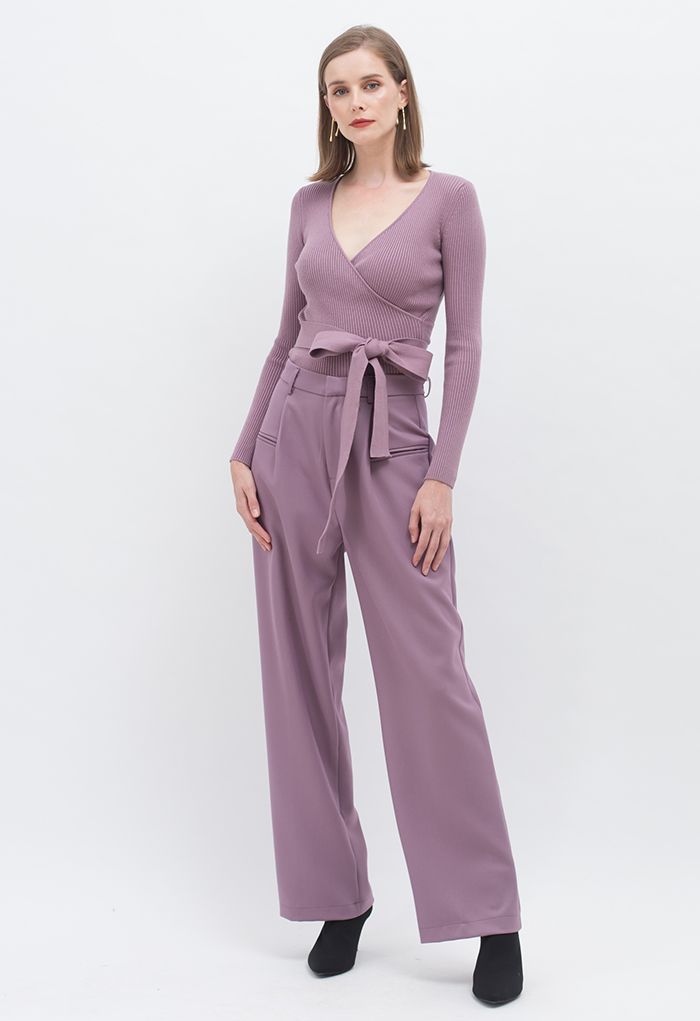V-Neck Tie-Waist Wrap Knit Top in Lilac