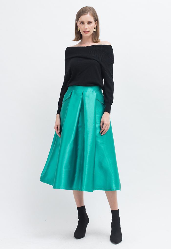 Exaggerated Pocket A-Line Pleated Skirt in Turquoise
