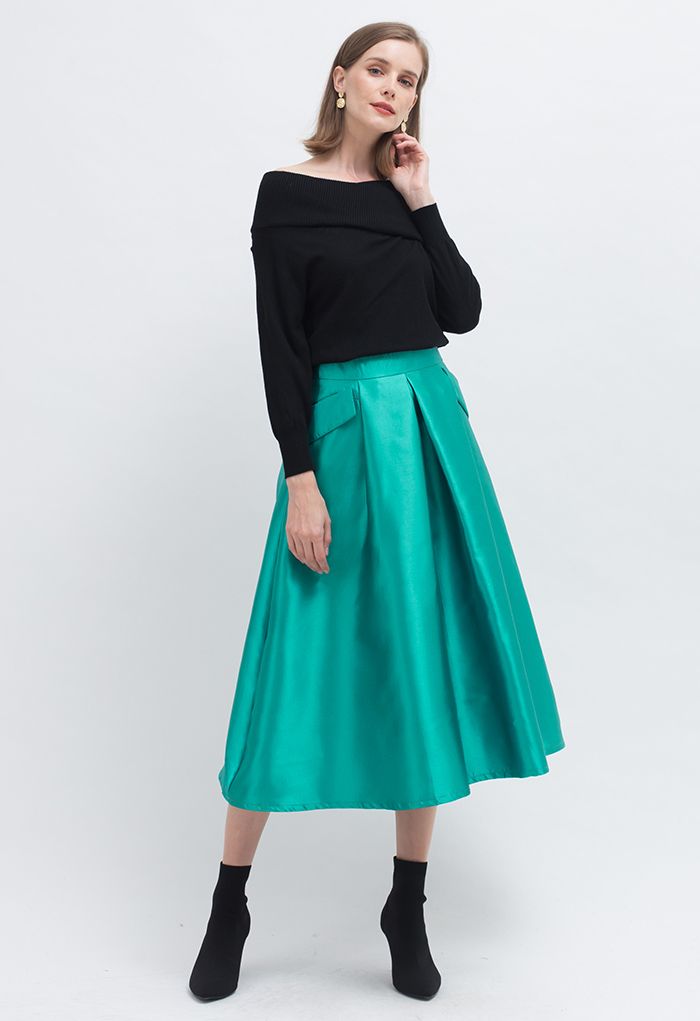 Exaggerated Pocket A-Line Pleated Skirt in Turquoise