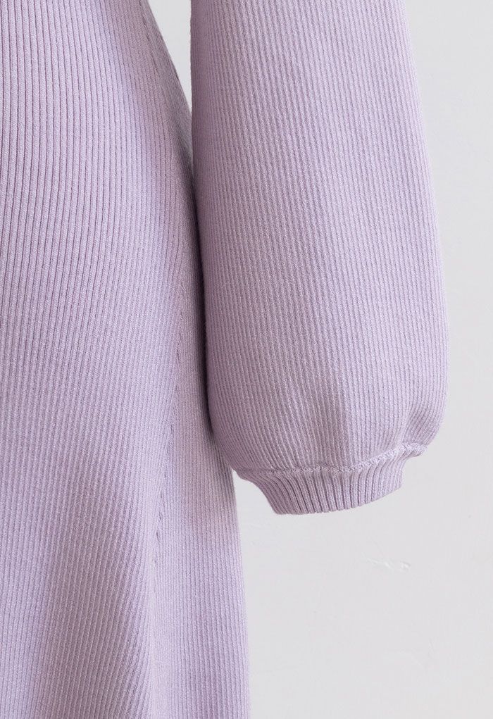 Turtleneck Fit-and-Flare Knit Midi Dress in Lilac