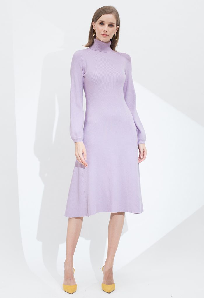 Turtleneck Fit-and-Flare Knit Midi Dress in Lilac