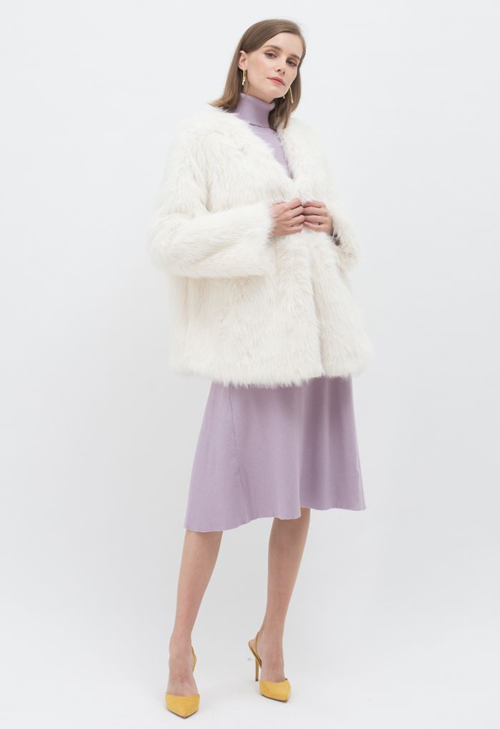 Open Front Faux Fur Coat in White