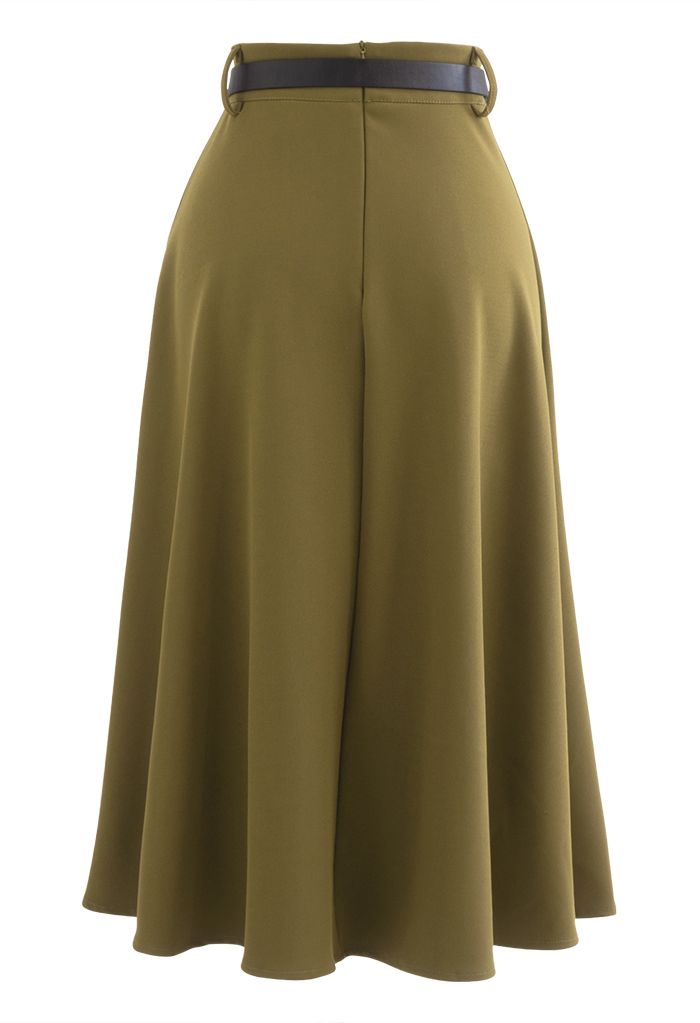 Versatile A-Line Belted Midi Skirt in Khaki