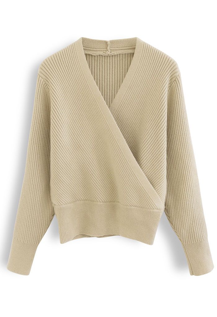 Tender Ribbed Knit Wrap Sweater in Light Tan