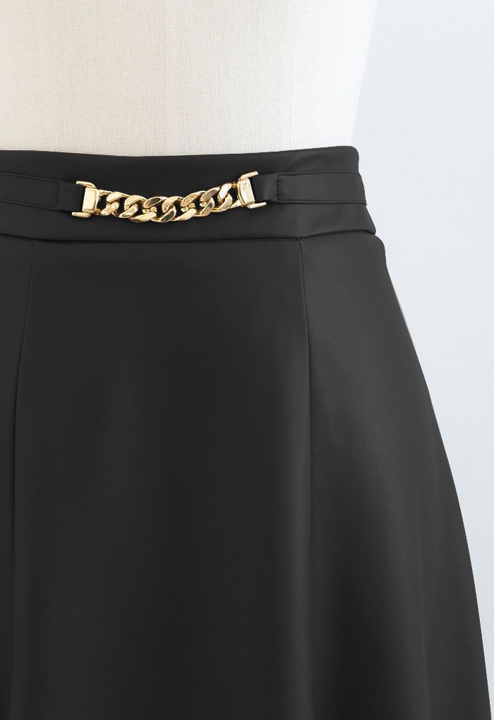 Metallic Chain Embellished Faux Leather Skirt in Black