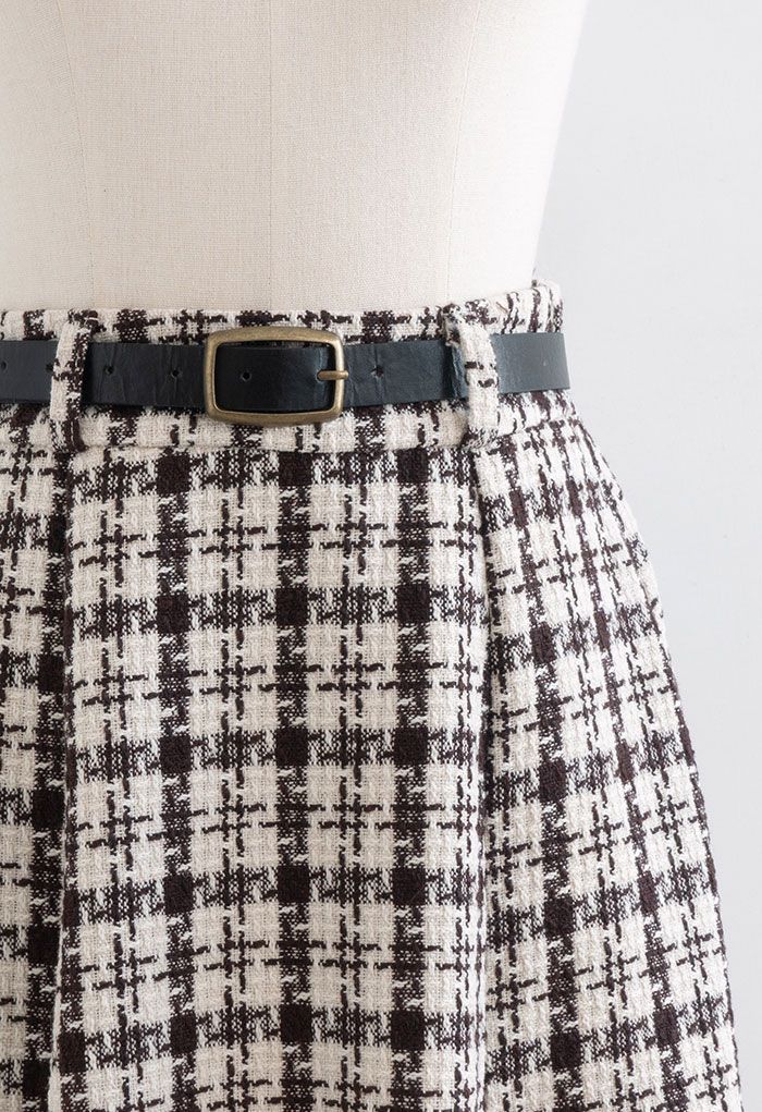 Shepherd's Check Belted Tweed Skirt in Brown