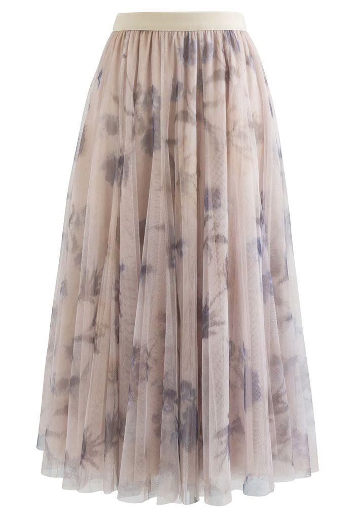 Inky Floral Double-Layered Mesh Tulle Midi Skirt