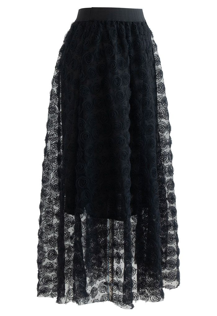 3D Rose Mesh Tulle Midi Skirt in Black