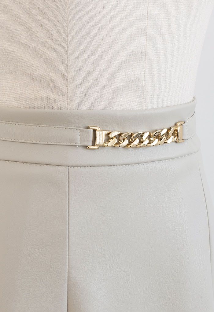 Metallic Chain Embellished Faux Leather Skirt in Ivory