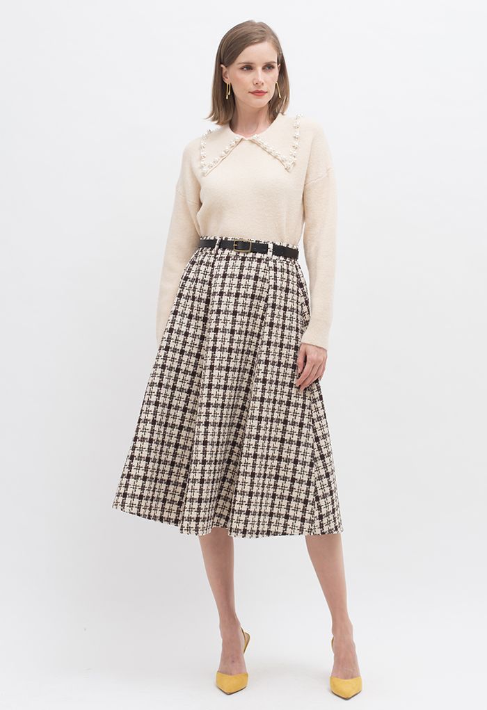 Shepherd's Check Belted Tweed Skirt in Brown