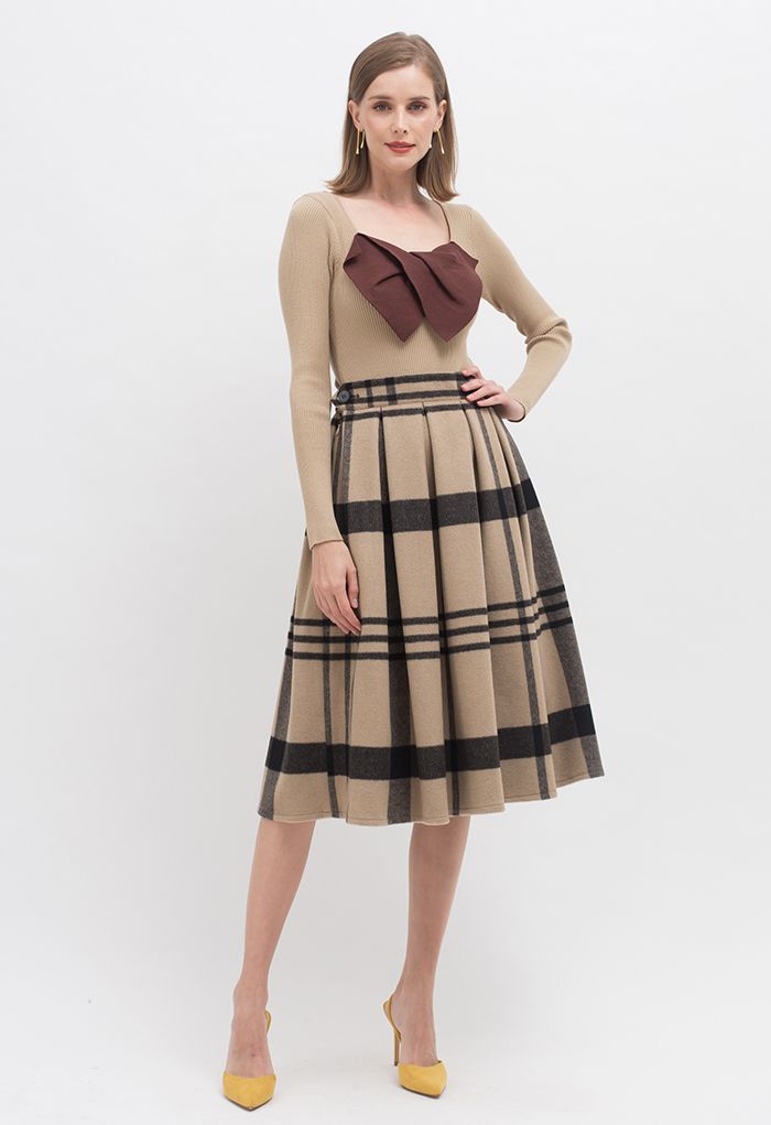 Grid Print Wool-Blend Pleated Midi Skirt