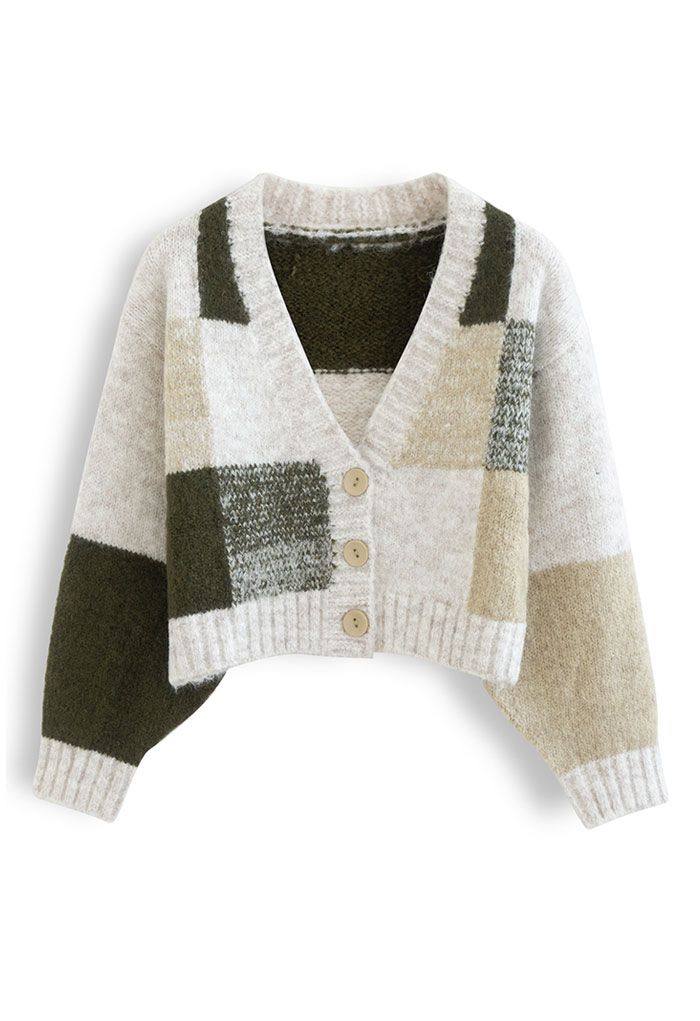 Color Block Fuzzy Knit Crop Cardigan in Army Green
