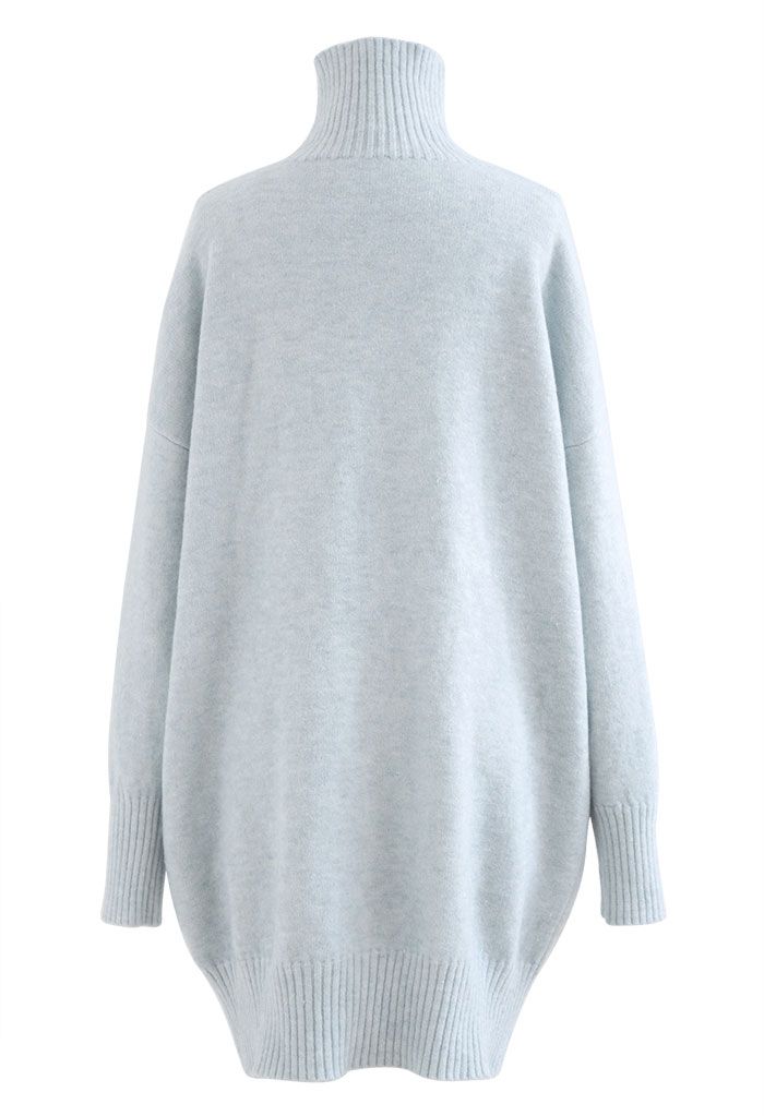 High Neck Shimmer Knit Sweater Dress in Baby Blue