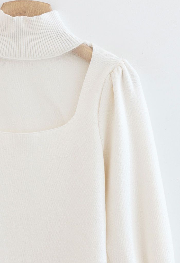 Mesh Spliced Puff Sleeve Knit Top in White