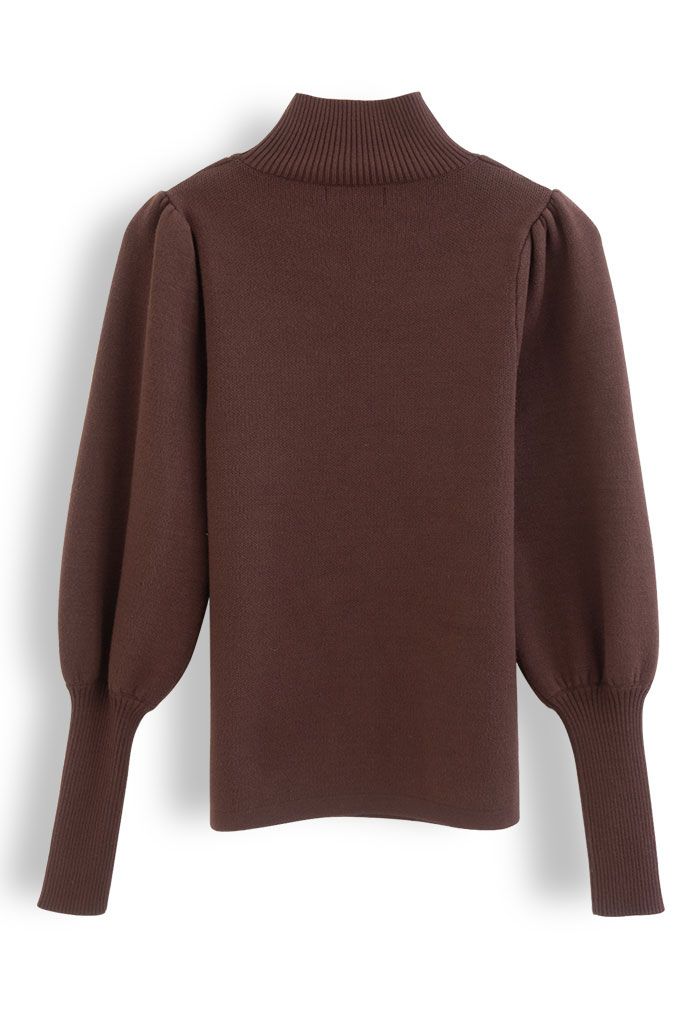 Mesh Spliced Puff Sleeve Knit Top in Brown