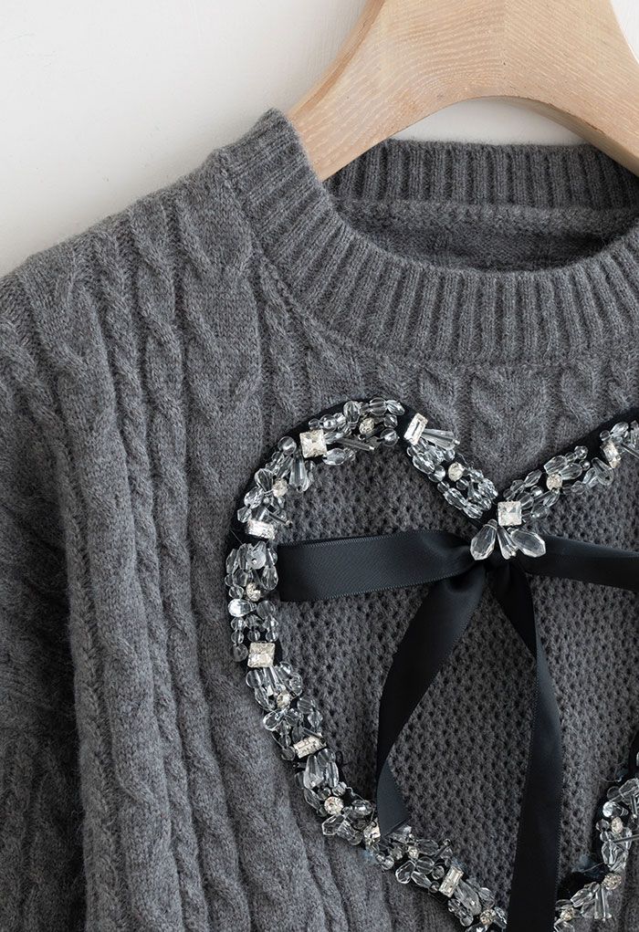 Crystal Heart Bowknot Braid Knit Sweater in Grey