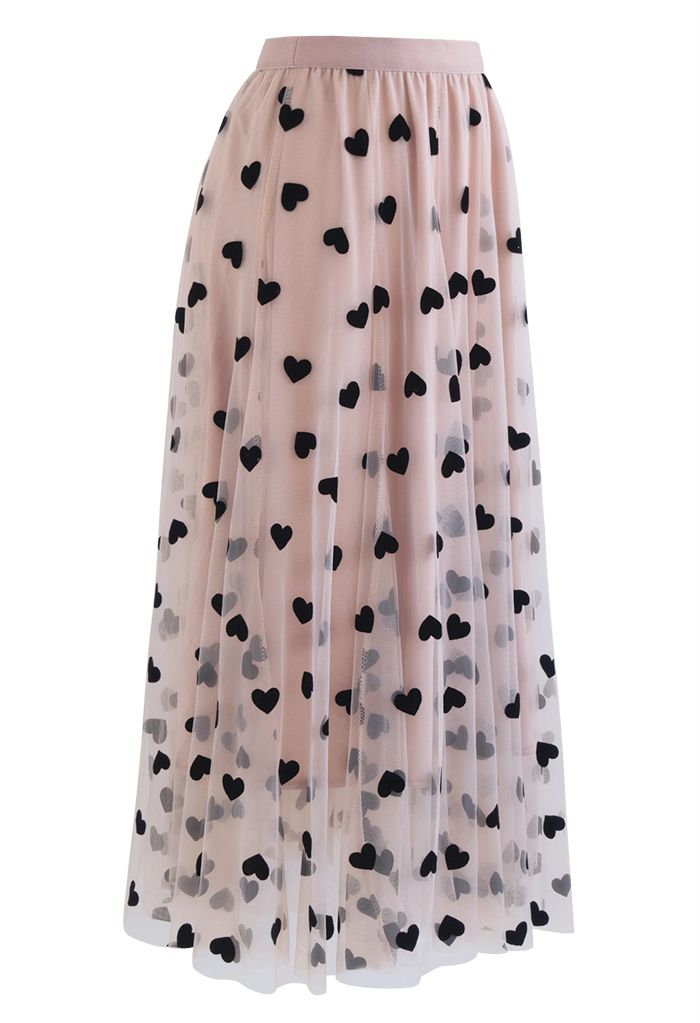 3D Heart Double-Layered Mesh Maxi Skirt in Blush Pink