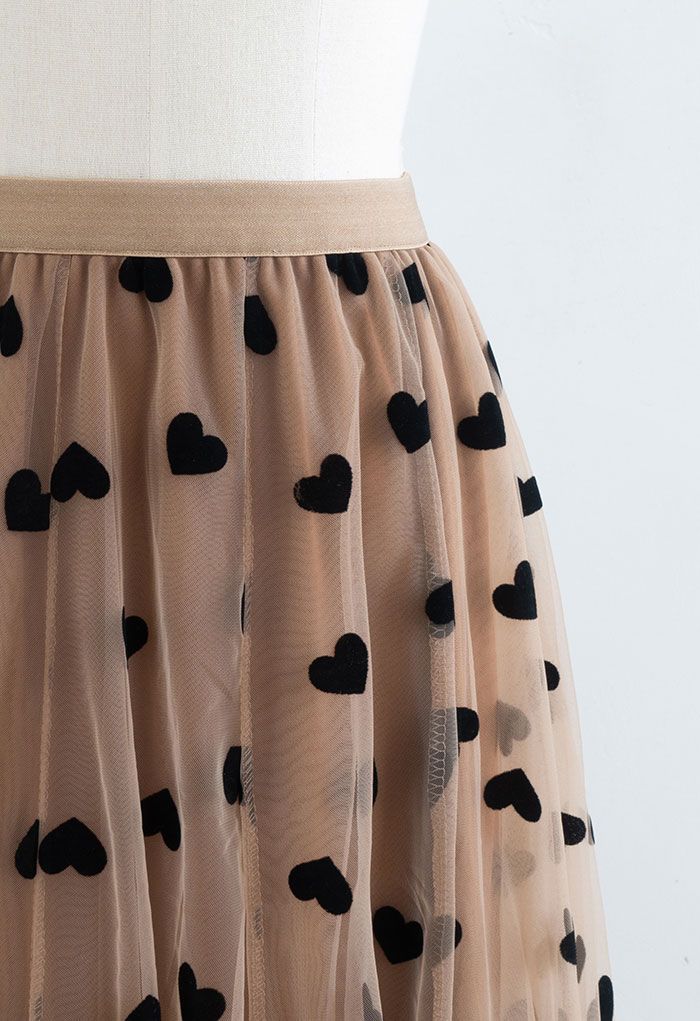 3D Heart Double-Layered Mesh Maxi Skirt in Caramel