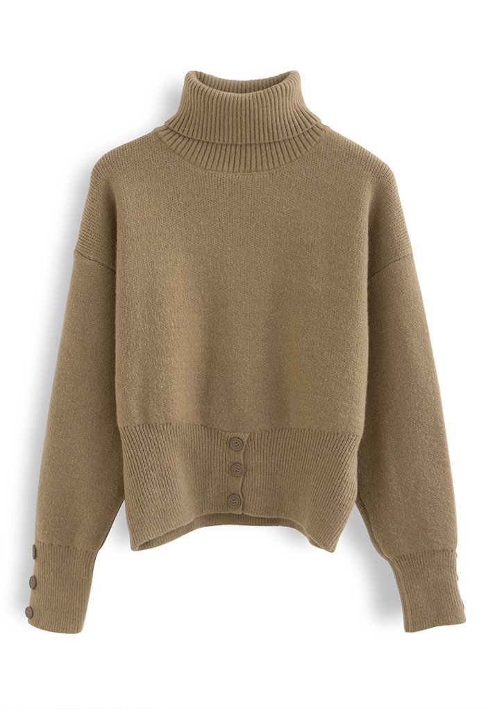 Turtleneck Button Trim Sweater in Tan