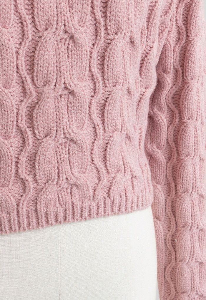 Tie-Knot Back Cable Knit Crop Sweater in Pink