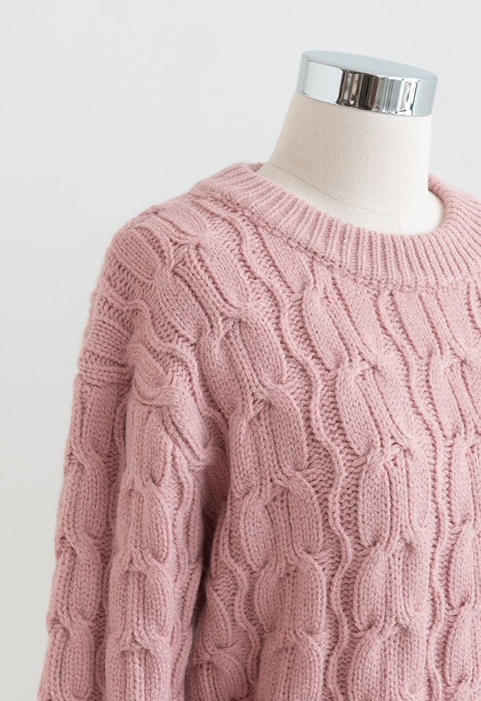 Tie-Knot Back Cable Knit Crop Sweater in Pink