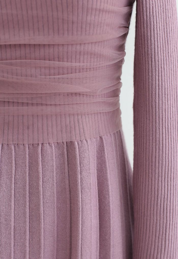 Mesh Overlay Square Neck Rib Knit Dress in Lilac