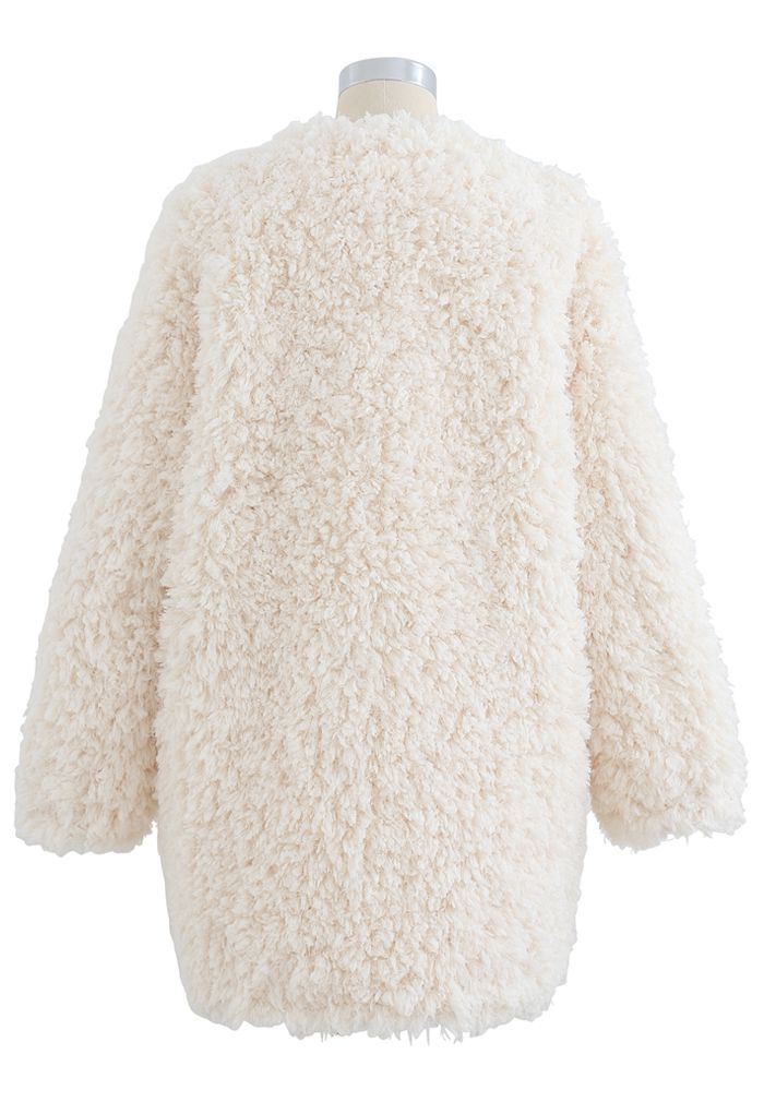 Collarless Shaggy Faux Fur Suede Coat in Ivory