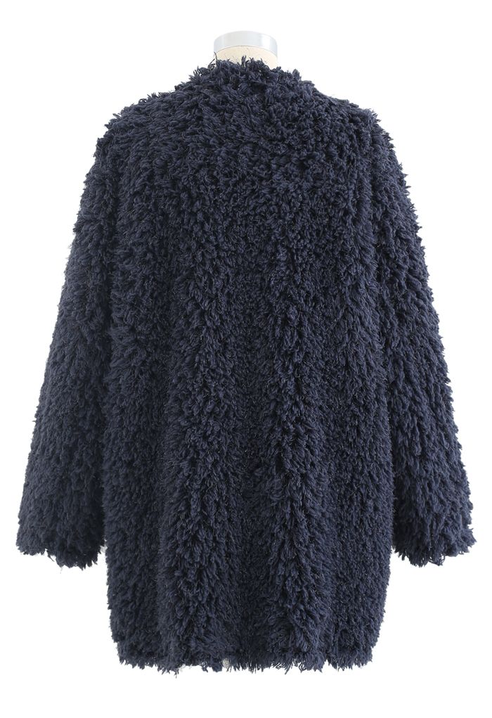 Collarless Shaggy Faux Fur Suede Coat in Smoky Blue