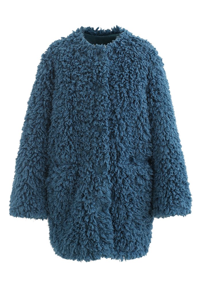 Collarless Shaggy Faux Fur Suede Coat in Peacock