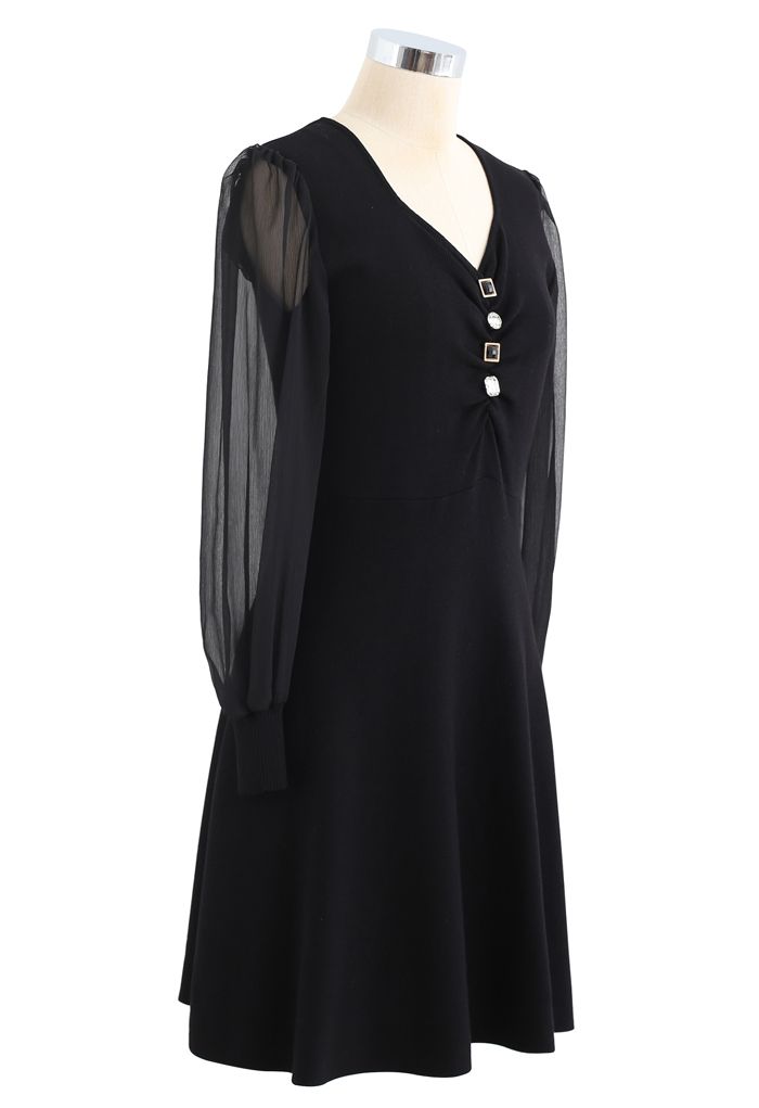 Sheer Sleeves Button Trim Ruched Knit Dress in Black