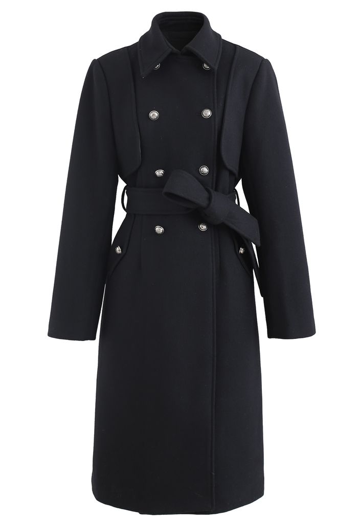 Black Double-Breasted Wool-Blend Longline Coat