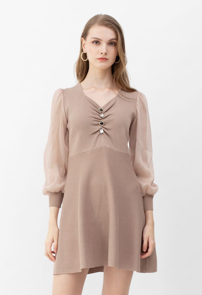 Sheer Sleeves Button Trim Ruched Knit Dress in Light Tan