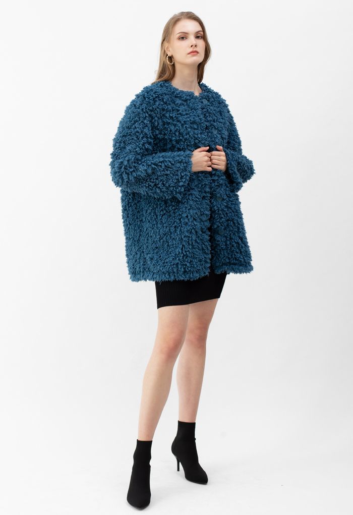 Collarless Shaggy Faux Fur Suede Coat in Peacock