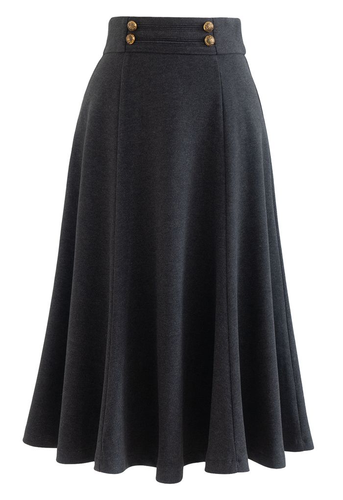 Buttoned Waist Wool-Blend Flare Skirt in Smoke