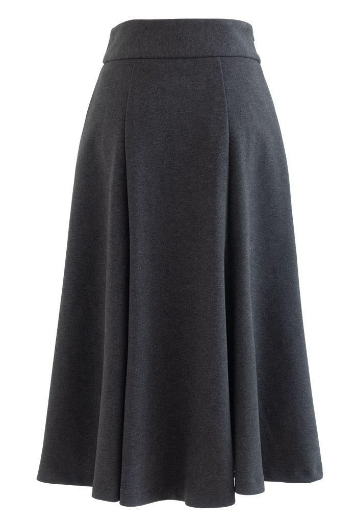 Buttoned Waist Wool-Blend Flare Skirt in Smoke