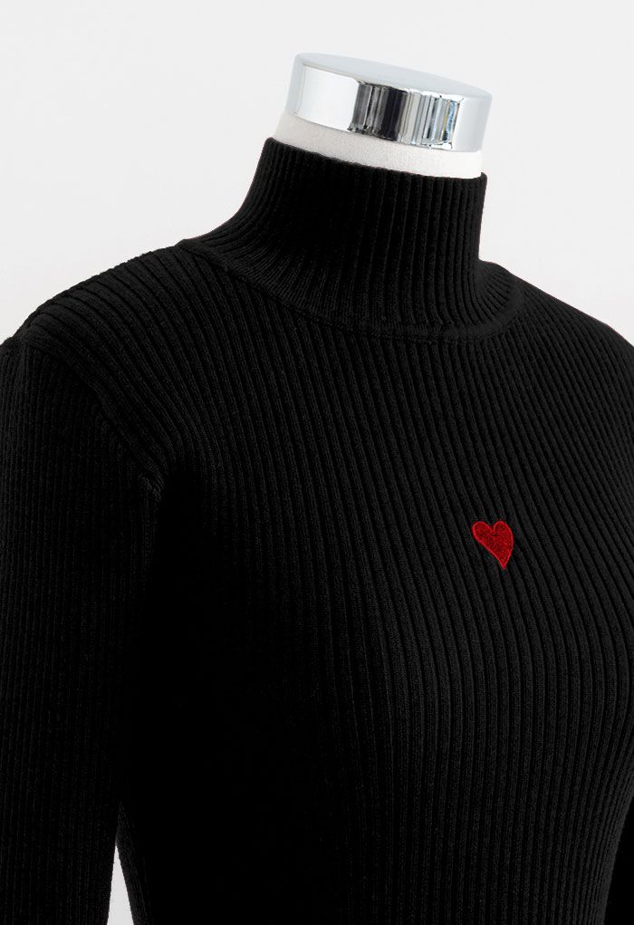 Little Heart High Neck Fitted Knit Top in Black