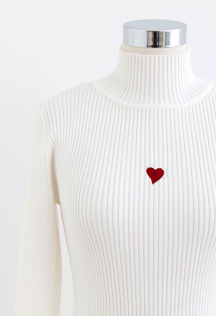 Little Heart High Neck Fitted Knit Top in White