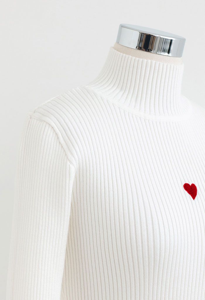 Little Heart High Neck Fitted Knit Top in White