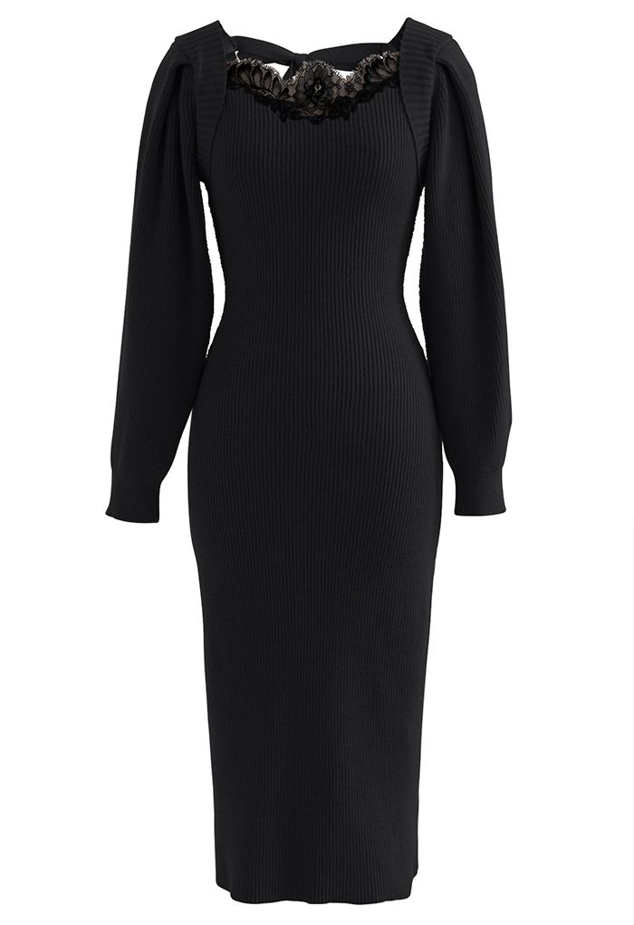 Lace Trim Puff Sleeve Bodycon Knit Dress in Black