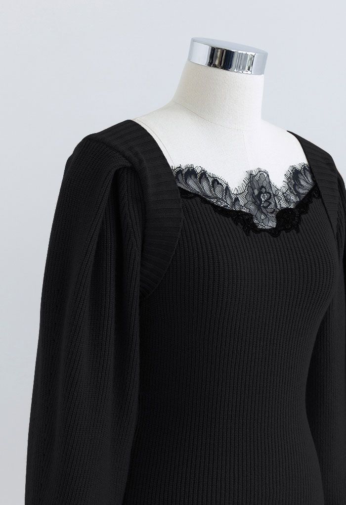 Lace Trim Puff Sleeve Bodycon Knit Dress in Black