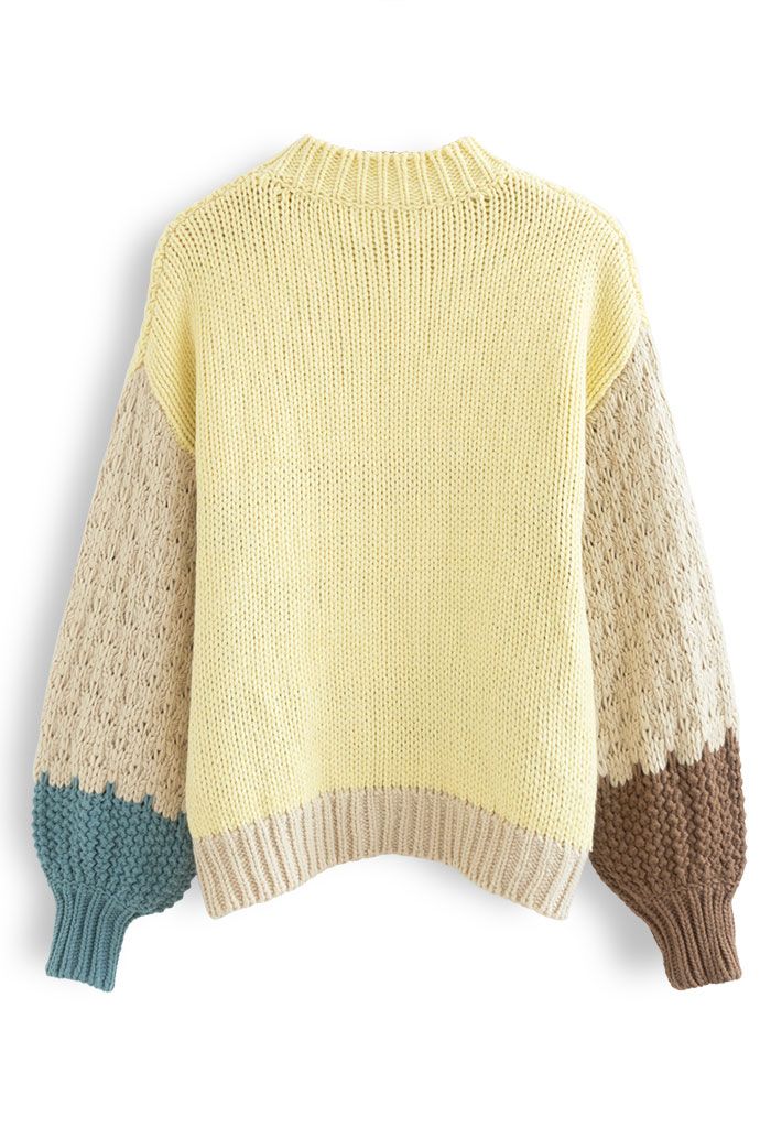 Color Block Hand-Knit Chunky Sweater in Yellow