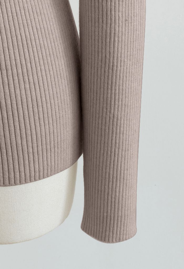 Turtleneck Long Sleeve Ribbed Knit Top in Taupe