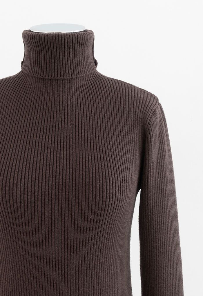 Turtleneck Long Sleeve Ribbed Knit Top in Brown