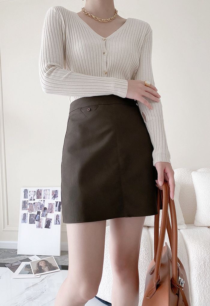 Textured Faux Leather Mini Bud Skirt in Brown
